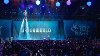 Water jetpack show on stage, audience and "WATERWORLD"/"TOY NIGHT" banners.