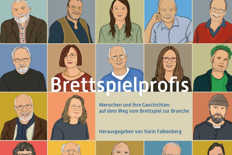 Illustrations of different people and the lettering “Brettspielprofis”.