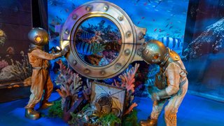 Two divers in vintage suits look through porthole at colorful underwater world.